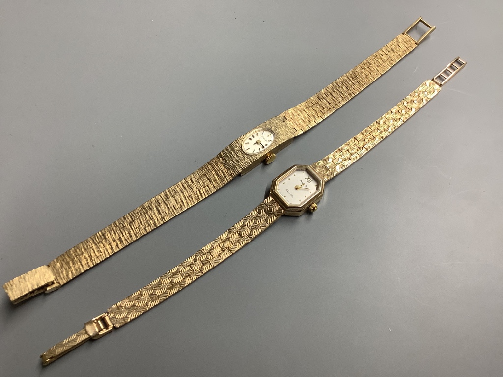 Two lady's modern 9ct gold Avia wrist watches on 9ct gold bracelets, one quartz, one manual wind bracelet watch